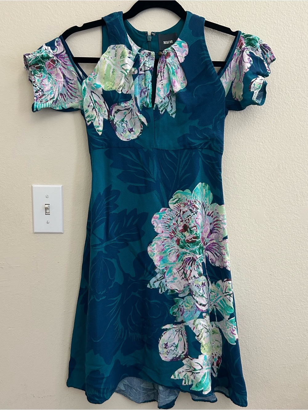 Anthropologie Maeve Cold Shoulder Floral Teal Mini Dress 00P Petite